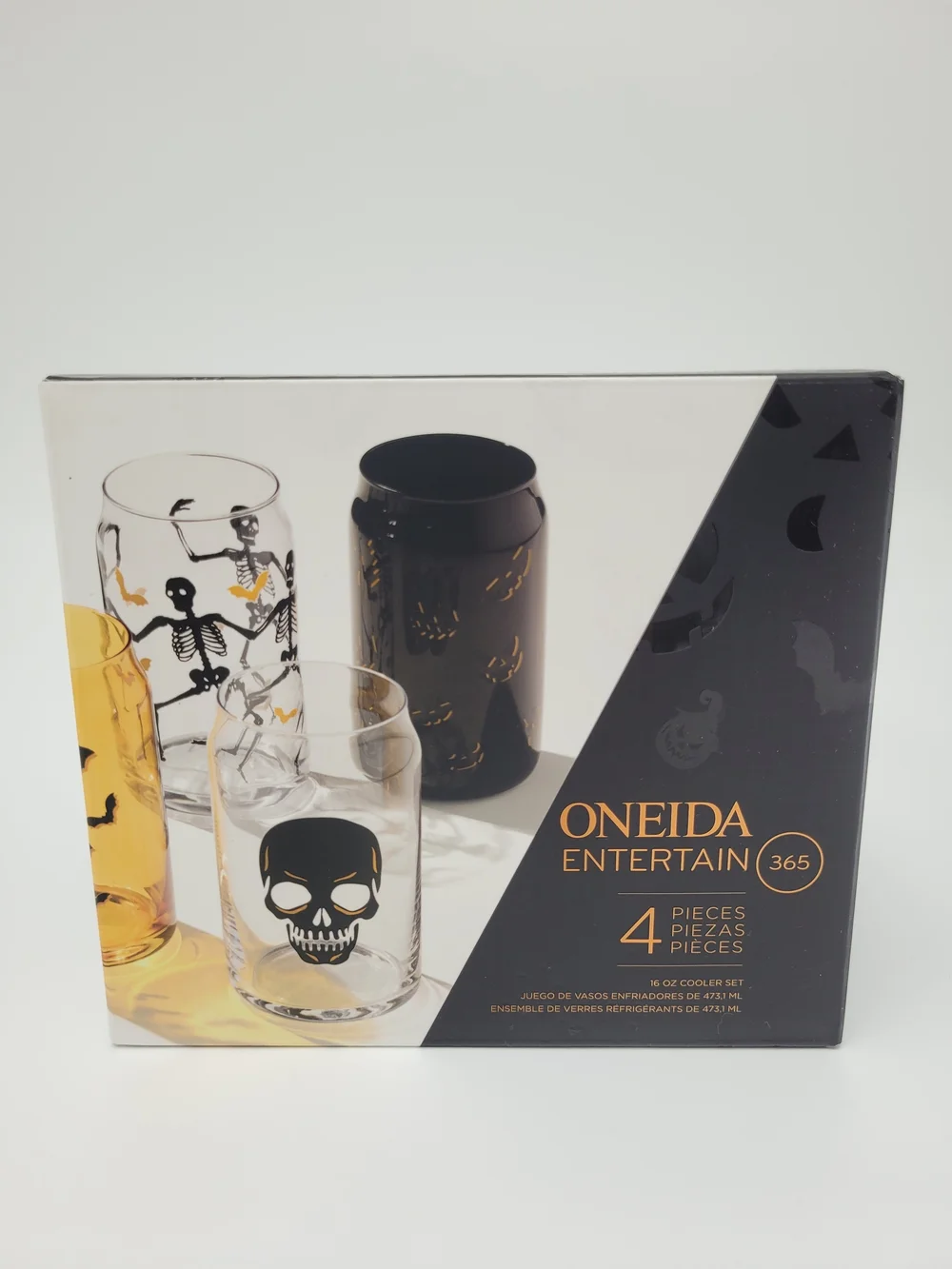 Oneida Vintro Halloween Glass Tumbler Set 4 Clear Black Skull Bat Skeleton NEW